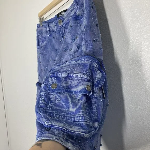 Vicious Authentic Denim Shorts Mens 36 Blue Embellished Cargo Studded Streetwear